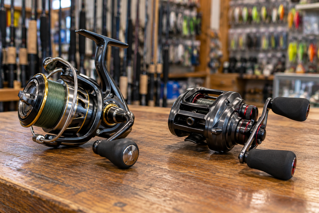 Spinning reel and bait casting reel displayed side by side in a fishing tackle shop