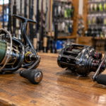 Spinning reel and bait casting reel displayed side by side in a fishing tackle shop