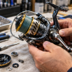 Saltwater fishing reel being inspected after accidental water exposure