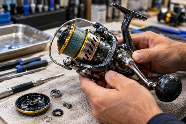 Saltwater fishing reel being inspected after accidental water exposure