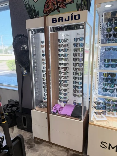 Sunglasses arranged on a retail display