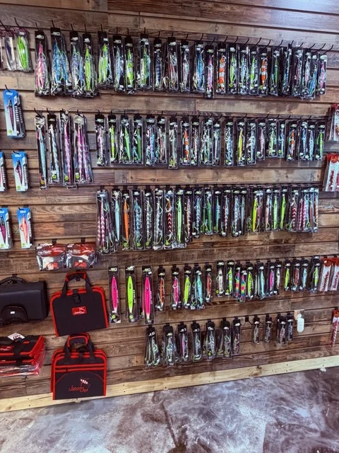 Tall wall display of fishing lures