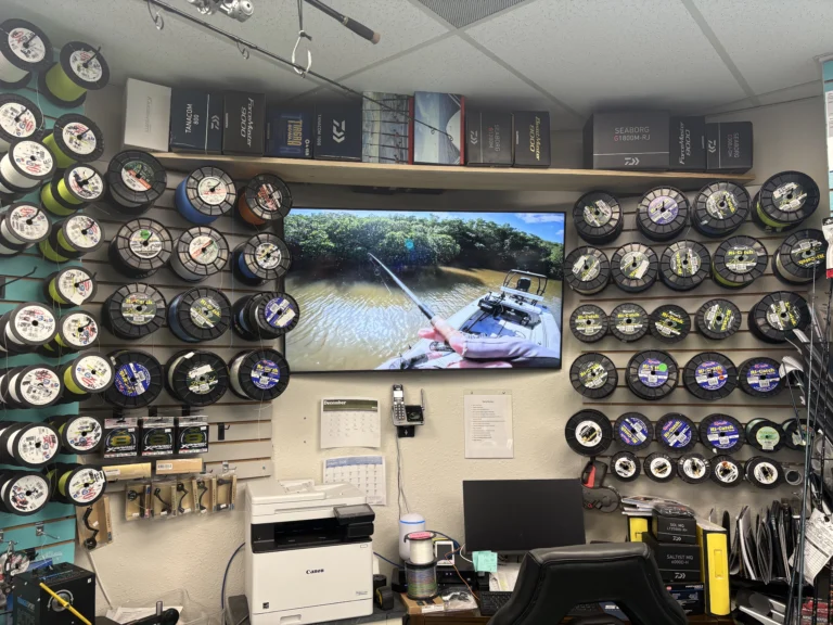 Fishing line spools displayed on a shop wall