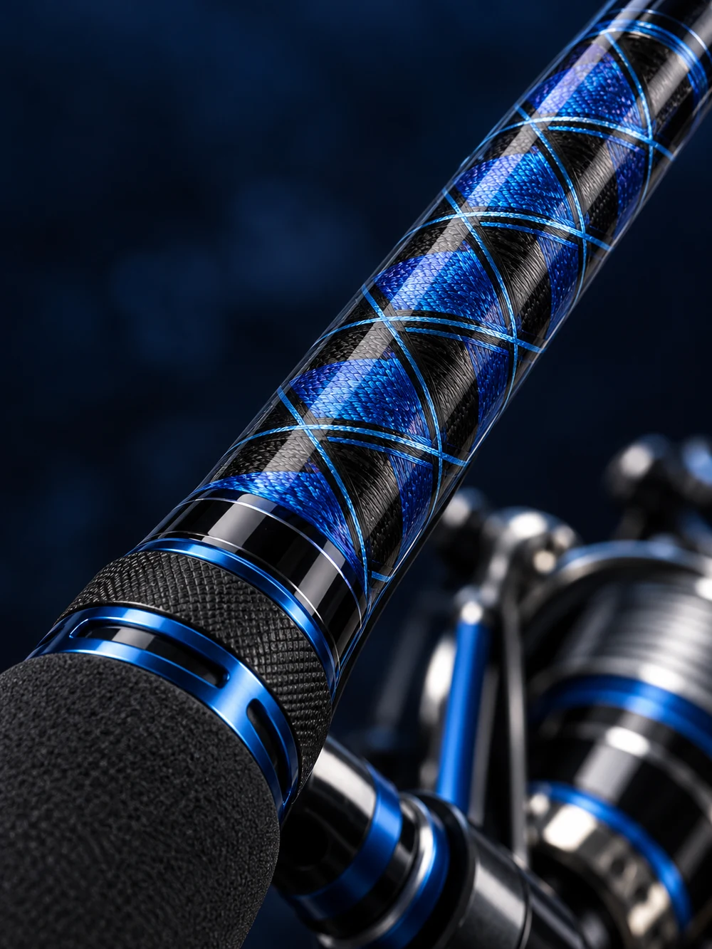 Illustrative blue thread wrap, reel seat and grip on a custom fishing rod