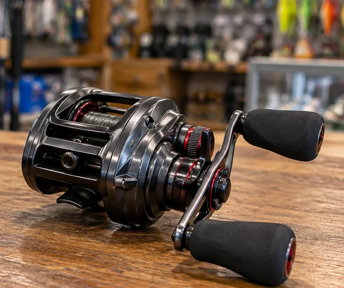 Baitcasting reel on a tackle shop workbench