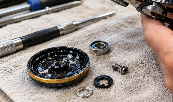 Small reel components and service tools on a workshop bench