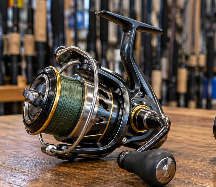 Spinning reel on a tackle shop workbench